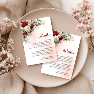 Cartão De Informações Romântico Burgundy Branco Floral Dourado Casamento