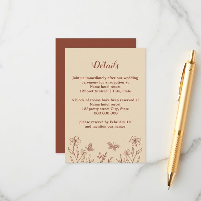 Cartão De Informações Romântico elegante floral de terracota casamento (Frente/Verso In Situ)