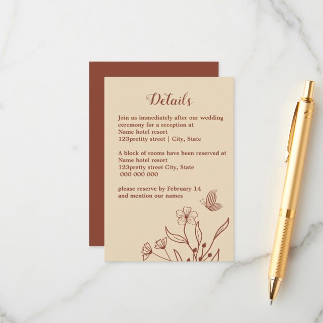 Cartão De Informações Romântico elegante floral de terracota casamento (Frente/Verso In Situ)