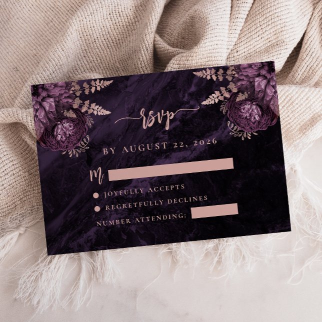 Cartão De Informações Rosa de Ouro Roxo Floral Ágata Casamento RSVP (Criador carregado)