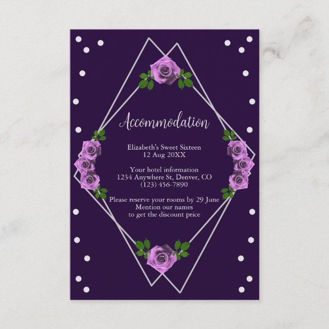 Cartão De Informações Rosa de prata geométrica púrpura 16 (Frente)