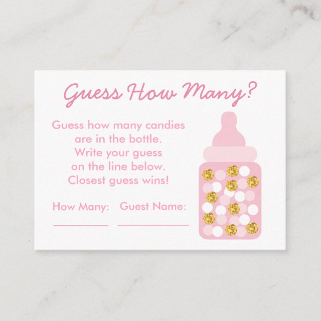 Cartão De Informações Rosa e Dourado Adivinhem Quantos Jogo (Frente)