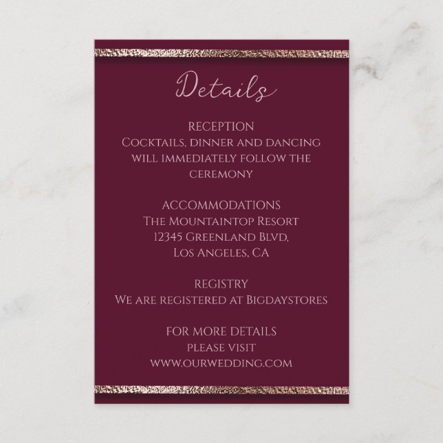 Cartão De Informações Rosa Elegante moderno Dourado brilho e borgonha (Frente)