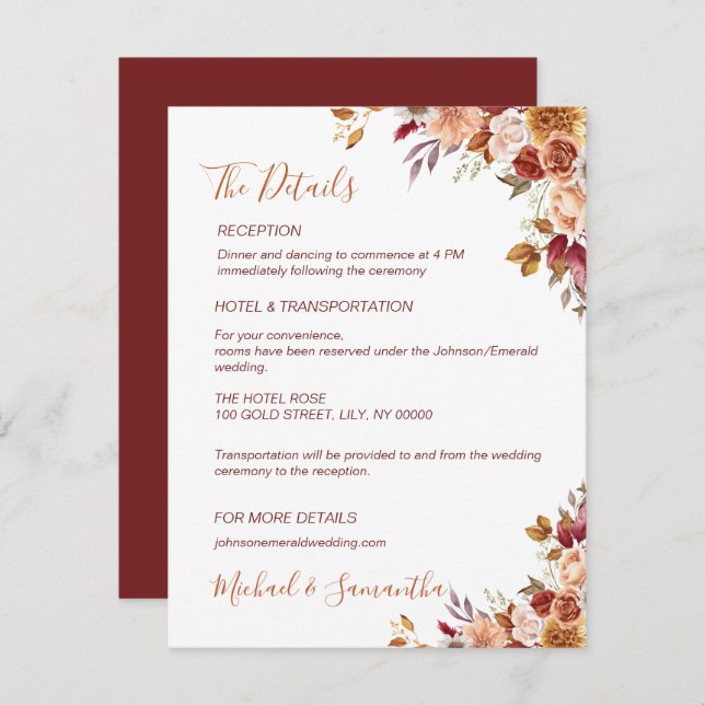 Cartão De Informações Rosa russo e Casamento outono de crisântemo (Frente/Verso)