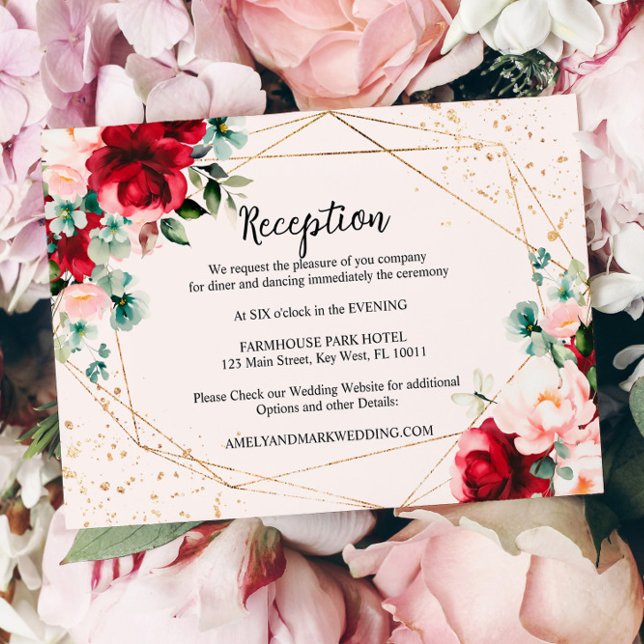 Cartão De Informações Rosa vermelha e Recepção de casamento de Aquarela  (Criador carregado)