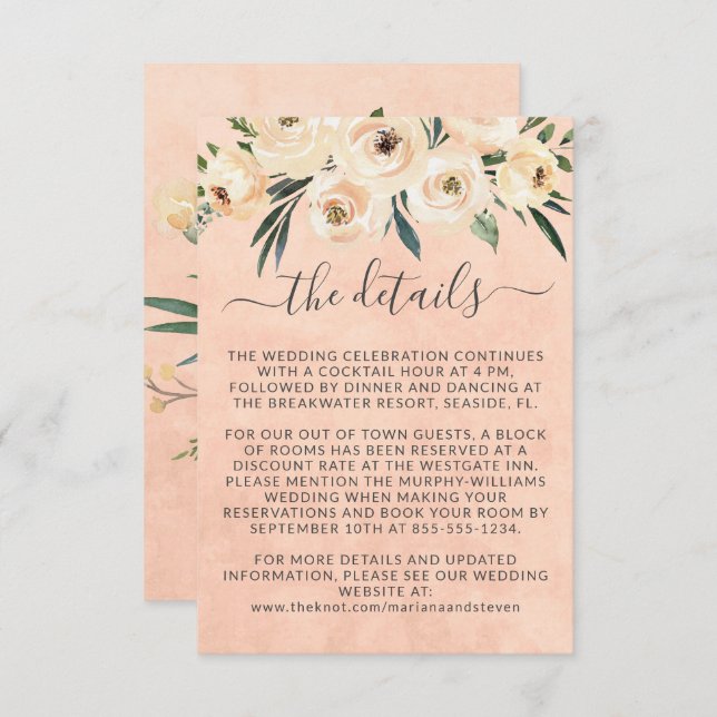 Cartão De Informações Rosas Bege Florais Douradas em Rosa Casamento (Frente/Verso)