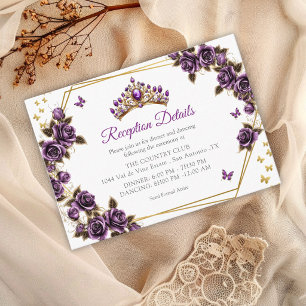 Cartão De Informações Rosas Borboletas Tiara Dourada Roxa Quinceañera