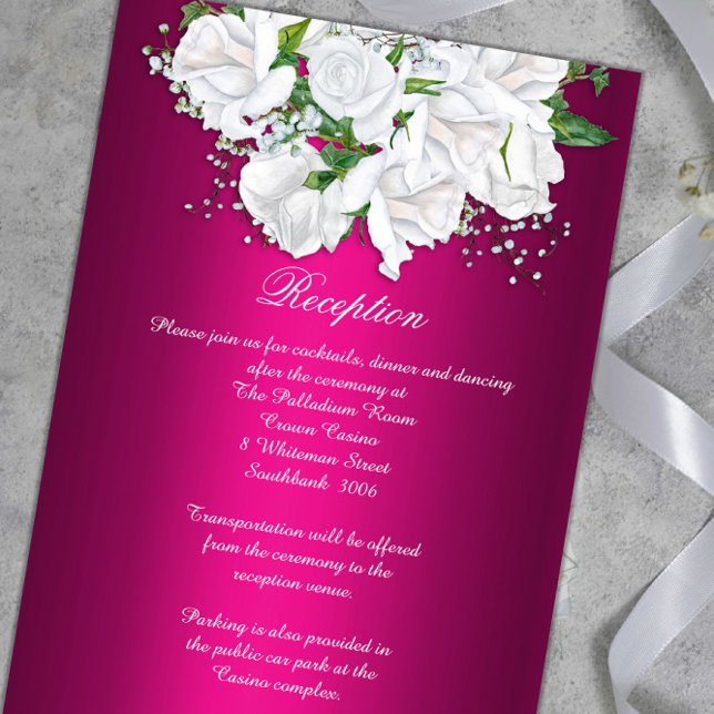 Cartão De Informações Rosas brancas Boho Fuchsia Recepção de casamento r (Criador carregado)
