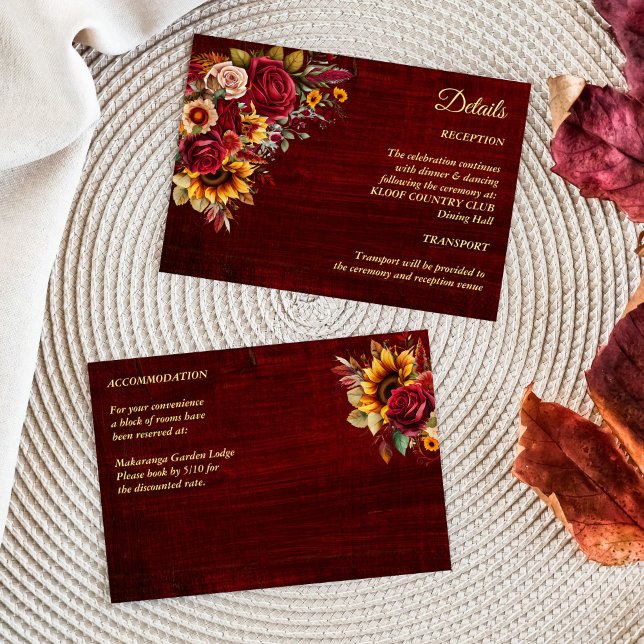 Cartão De Informações rosas-burgundo-casamento outono girassóis amarelos (Fall wedding burgundy roses yellow sunflowers wedding details enclosure card invitation suite)