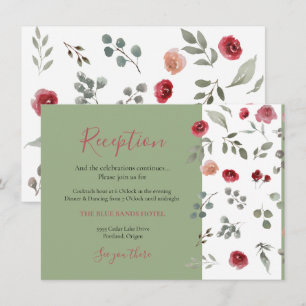 Cartão De Informações Rosas Burgundy Elegantes Recepção Verde Sage