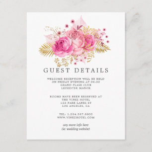 Cartão De Informações Rosas cor-de-rosa e Dourados Detalhes do Convidado