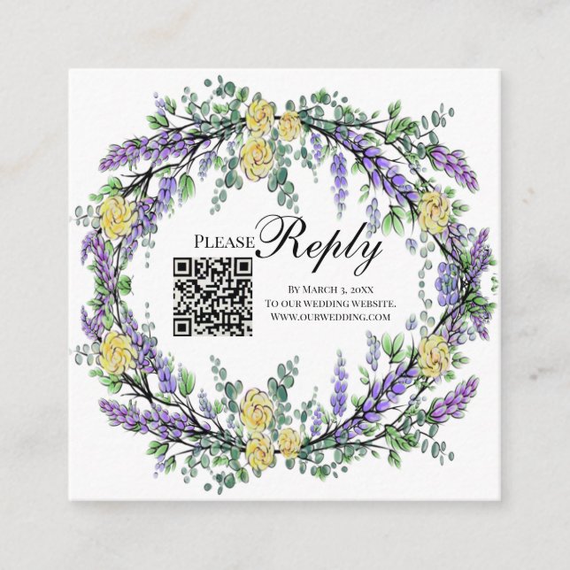 Cartão De Informações Rosas de aquarela amarela Elegante lavanda RSVP QR (Frente)