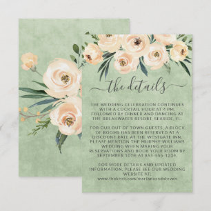 Cartão De Informações Rosas de bege Floral Dourados em Verde