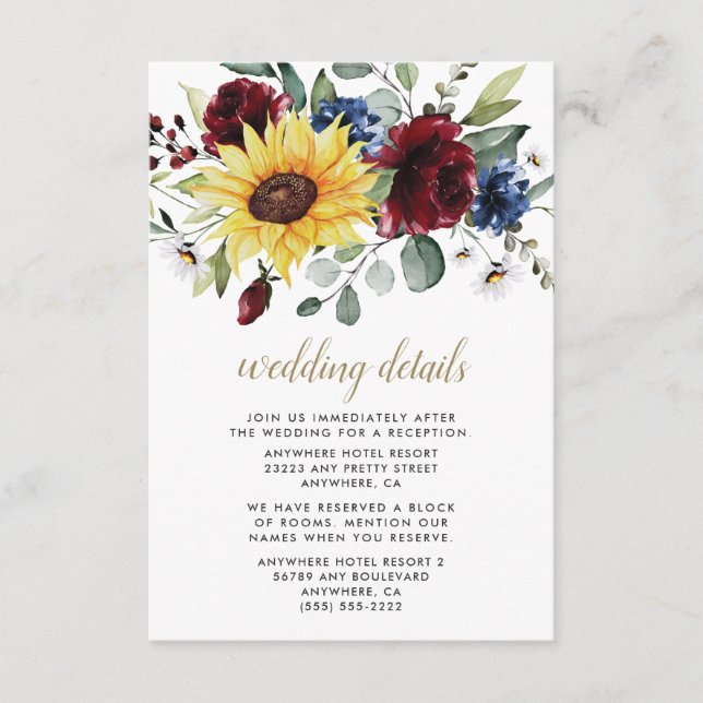 Cartão De Informações Rosas de girassol Marinho Casamento Russo Azul (Frente)