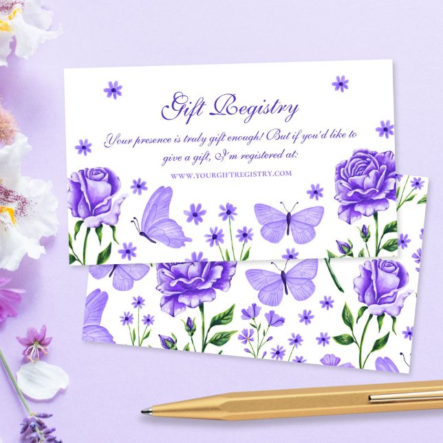 Cartão De Informações Rosas e Borboletas - Registro Quinceañera (Roses and Butterflies Gift Registry Quinceañera Enclosure Card)