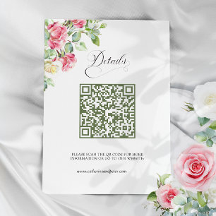Cartão De Informações Rosas em Aguarela Rosa Corado Código QR Casamento