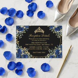 Cartão De Informações Rosas Pretas e Azuis Reais Quinceañera Dourada 