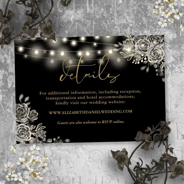 Cartão De Informações Rosas Pretas e Douradas Luzes Detalhes de Casament (Black And Gold Roses Lights Gothic Wedding Details Enclosure Card)