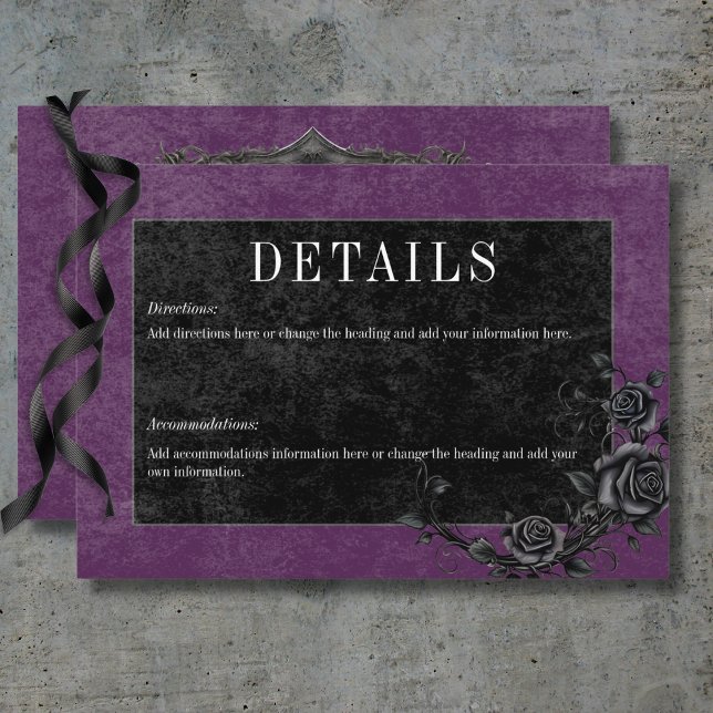 Cartão De Informações Rosas Pretos Góticos Raven e Pretos Detalhes da Pú (Gothic Black Raven & Black Roses Purple Details Enclosure Card)