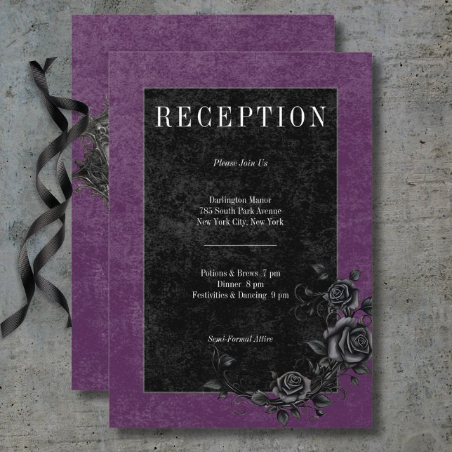 Cartão De Informações Rosas Pretos Góticos Raven e Pretos Recepção Roxo (Gothic Black Raven & Black Roses Purple Reception Enclosure Card)