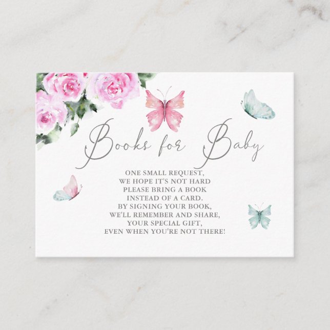 Cartão De Informações Rosas Rosa Borboletas Livros para Bebê (Frente)