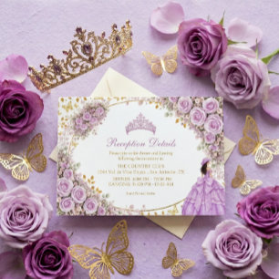Cartão De Informações Rosas Roxas Lilás Borboleta Dourada Quinceañera