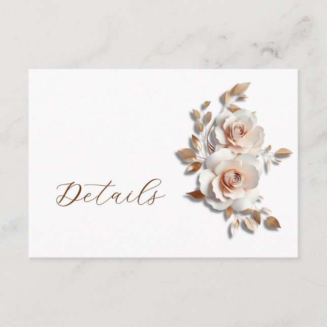 Cartão De Informações Rose Gold 3D Floral Wedding Details (Frente)