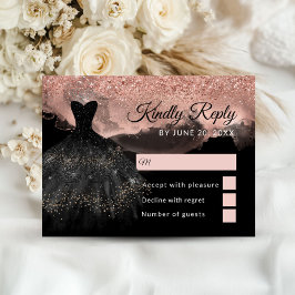 Cartão De Informações Rose Gold & Black Princess Quinceañera RSVP Card