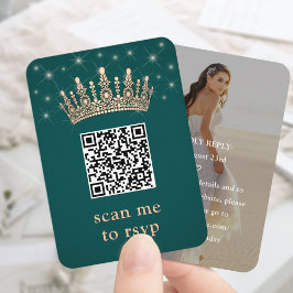 Cartão De Informações Rose Gold Crown Quinceañera Photo QR RSVP Green