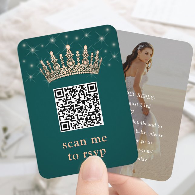 Cartão De Informações Rose Gold Crown Quinceañera Photo QR RSVP Green (Criador carregado)
