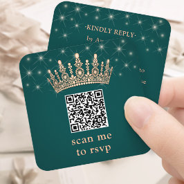 Cartão De Informações Rose Gold Crown Scan Me Quinceañera QR RSVP Green