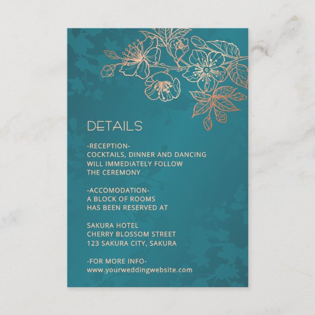 Cartão De Informações Rose Gold Floral Line Art Teal Wedding (Frente)