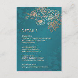 Cartão De Informações Rose Gold Floral Line Art Teal Wedding