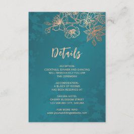 Cartão De Informações Rose Gold Floral Line Art Teal Wedding