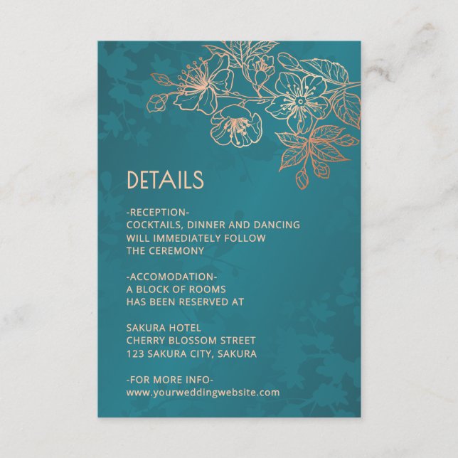 Cartão De Informações Rose Gold Floral Line Art Teal Wedding (Frente)