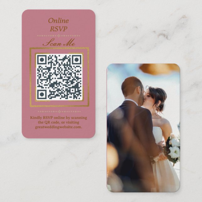 Cartão De Informações Rosewood Pink | Photo Online RSVP QR Code Wedding  (Frente/Verso)