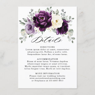 Cartão De Informações Roxo Berinjela Marfim Branco Floral Casamento