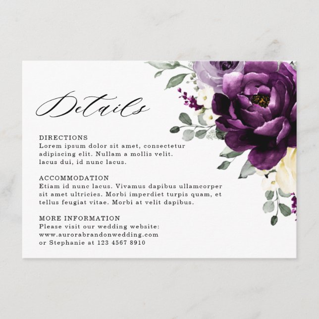 Cartão De Informações Roxo Berinjela Marfim Branco Floral Casamento (Frente)