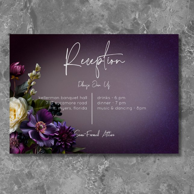 Cartão De Informações Roxo Escuro e Lavanda Floral Moderno (Dark Moody Purple & Lavender Floral Modern Reception Enclosure Card)