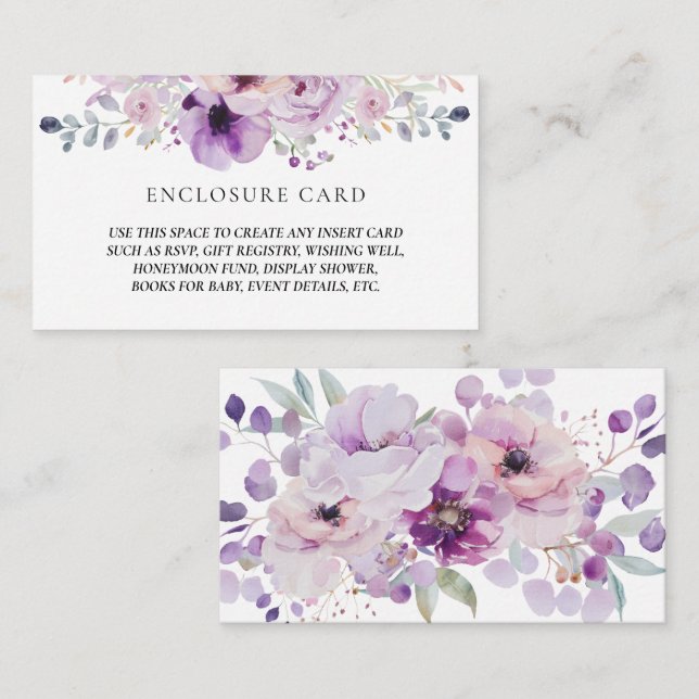 Cartão De Informações ROXO LAVANDA LILÁS Aquarela FLORAL ENVELOPE (Frente/Verso)