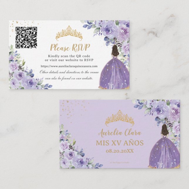Cartão De Informações Roxo Lilac Floral Dourado Quinceañera Código QR (Frente/Verso)