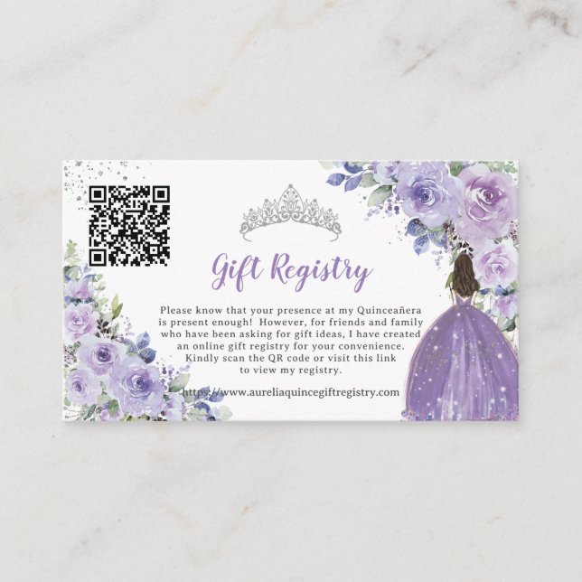 Cartão De Informações Roxo Lilac Floral Quinceañera QR Gift Registro (Frente)