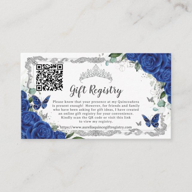 Cartão De Informações Royal Blue Floral Silver Quinceañera Gift Registro (Frente)