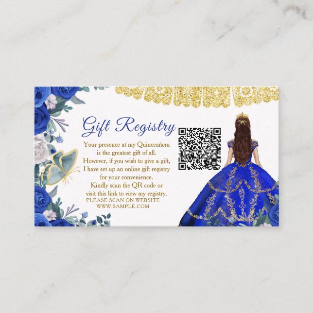 Cartão De Informações Royal Blue Flowers Quinceañera QR Gift Registry (Frente)