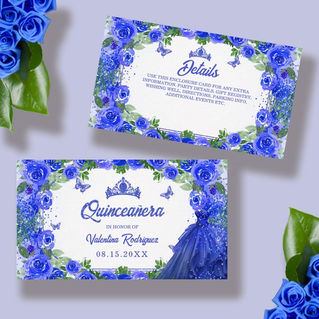 Cartão De Informações Royal Blue Glitter Floral Sparkle Quinceanera (Royal Blue Glitter Floral Sparkle Quinceanera Enclosure Card)