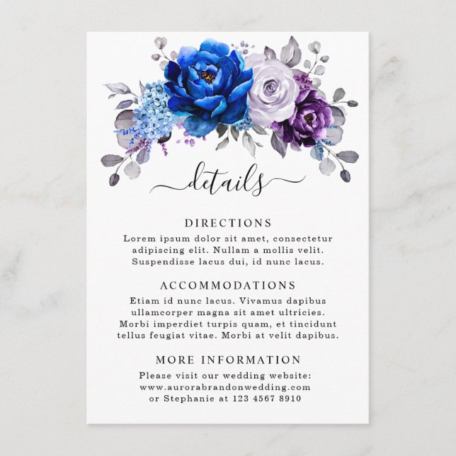 Cartão De Informações Royal Blue Purple Navy Lilac Blooms Wedding Detail (Frente)