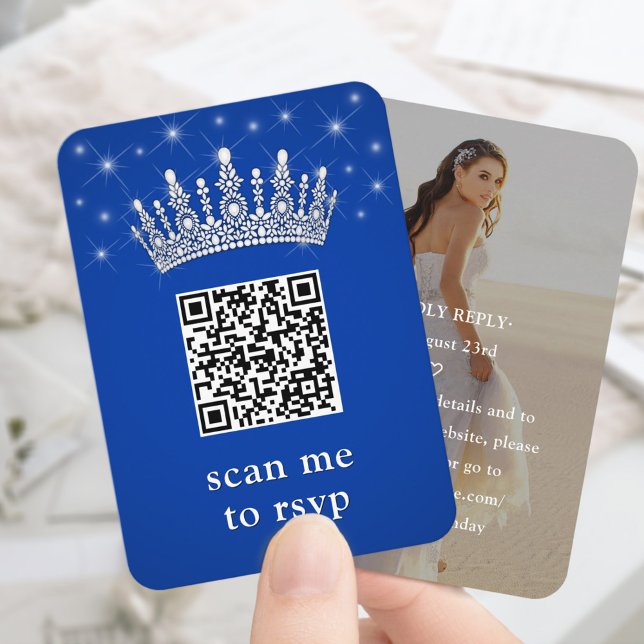 Cartão De Informações Royal Blue Quinceañera Crown & Stars QR RSVP Photo (Criador carregado)