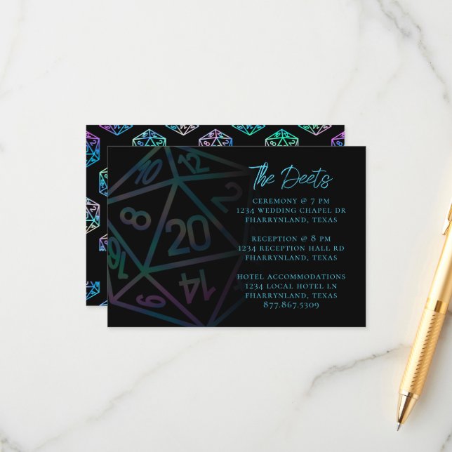 Cartão De Informações RPG Dice | Holo Fantasy Tabletop Guest Details (Frente/Verso In Situ)