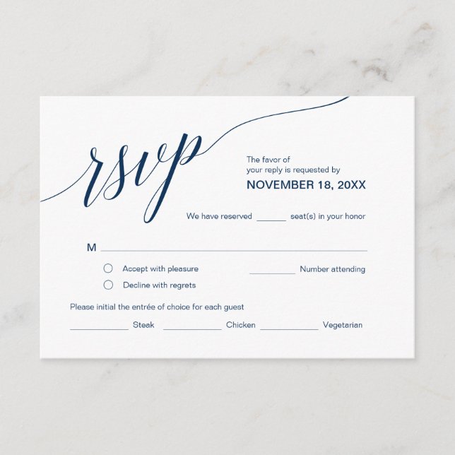 Cartão De Informações RSVP Clássico Elegante, fonte azul Marinho, respon (Frente)