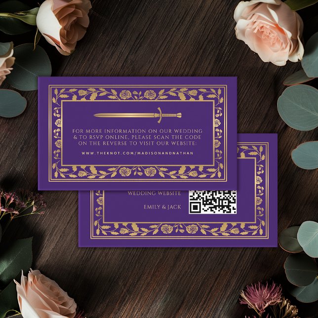 Cartão De Informações RSVP Código QR de Casamento de Espada Real Roxo (Criador carregado)